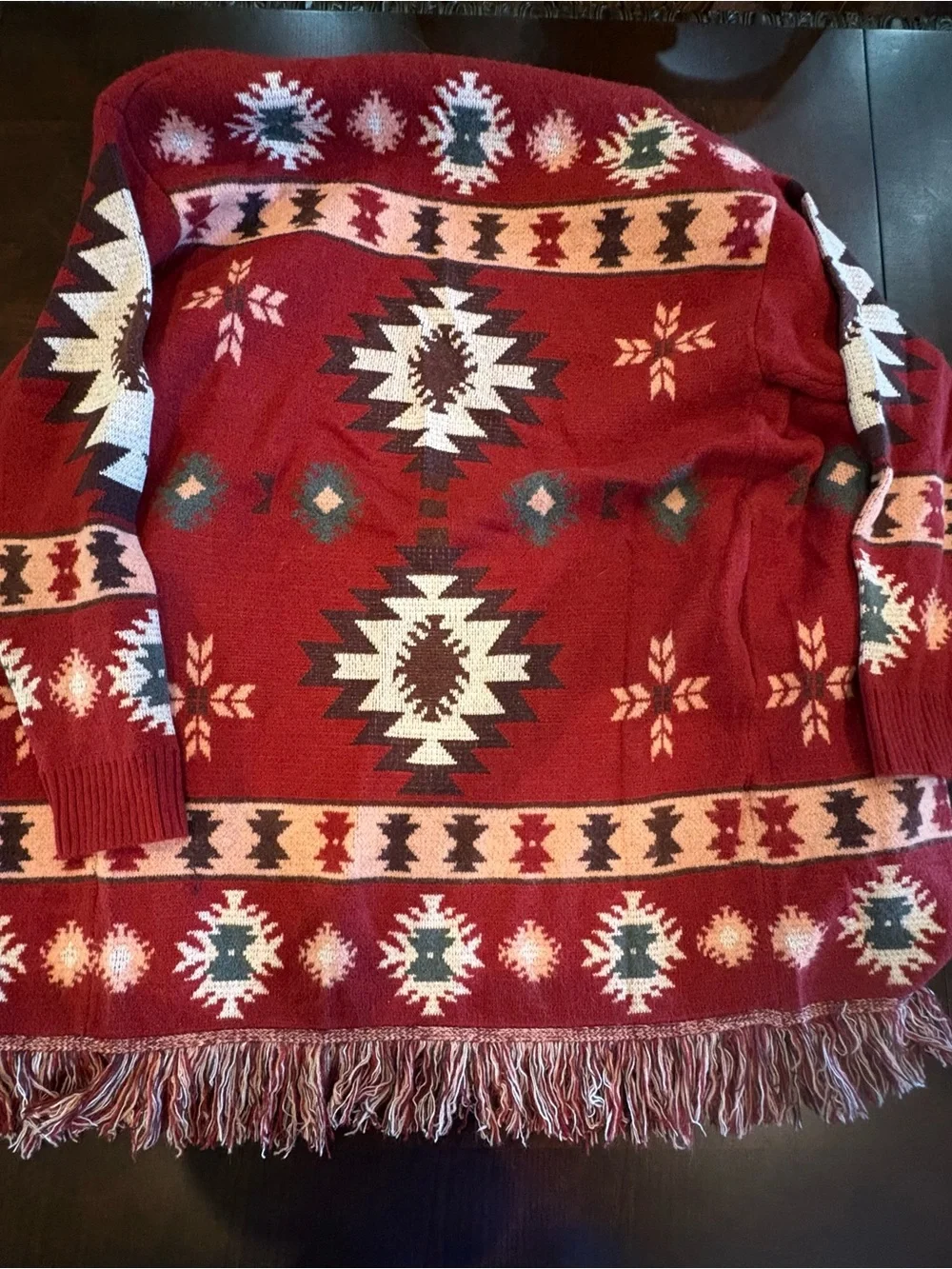 JODIFL Red Aztec Fringe Open-Front Cardigan